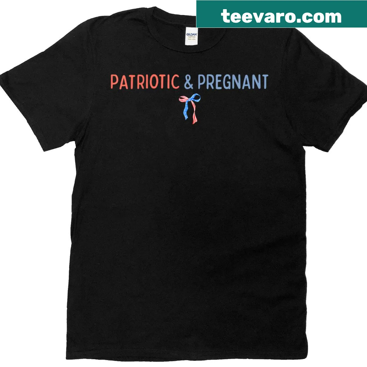 Hand-lettered Patriotic And Pregnant T-shirt with coquette bow design — on a men's t-shirt