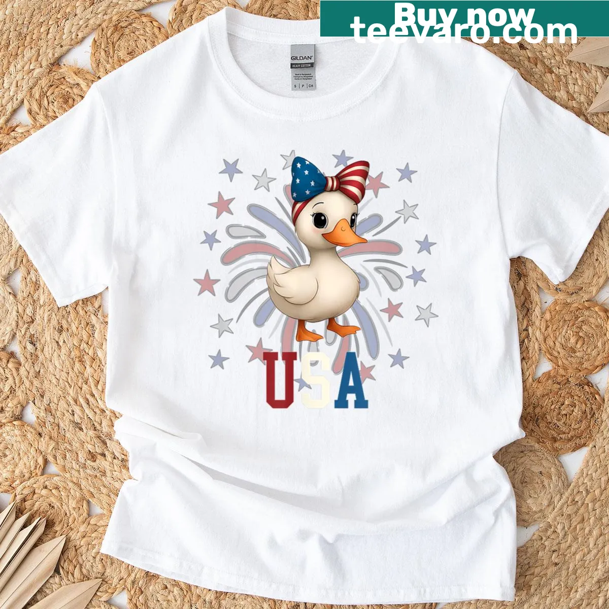 Patriotic baby goose graphic with fireworks on a t-shirt — on a men's t-shirt
