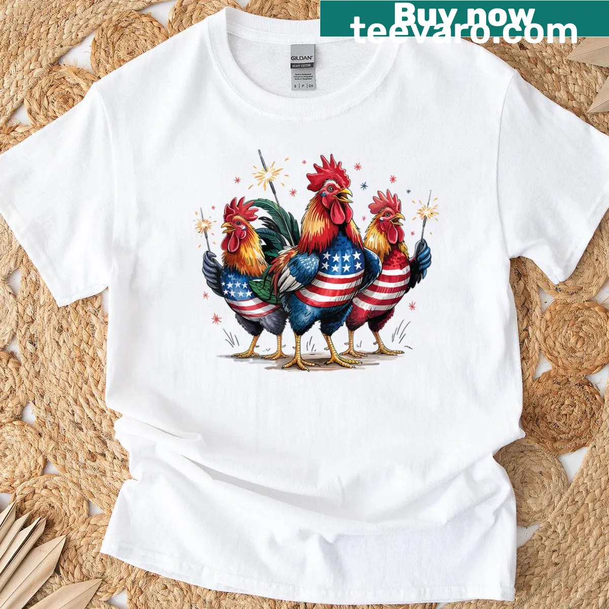 Cartoon chicken with USA flag design for 4th of July — on a men's t-shirt