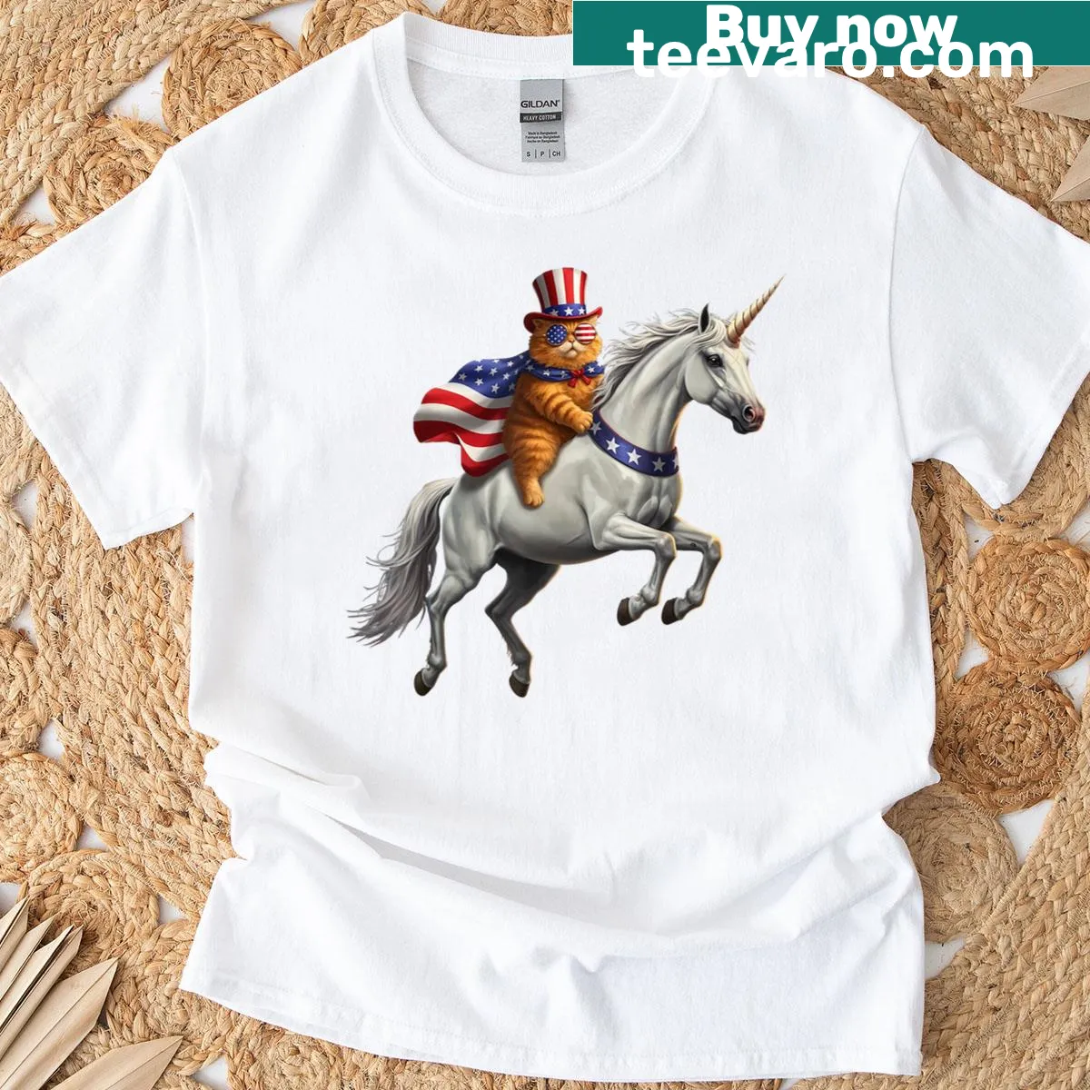 Cute cat riding unicorn with American flag design t-shirt — on a men's t-shirt