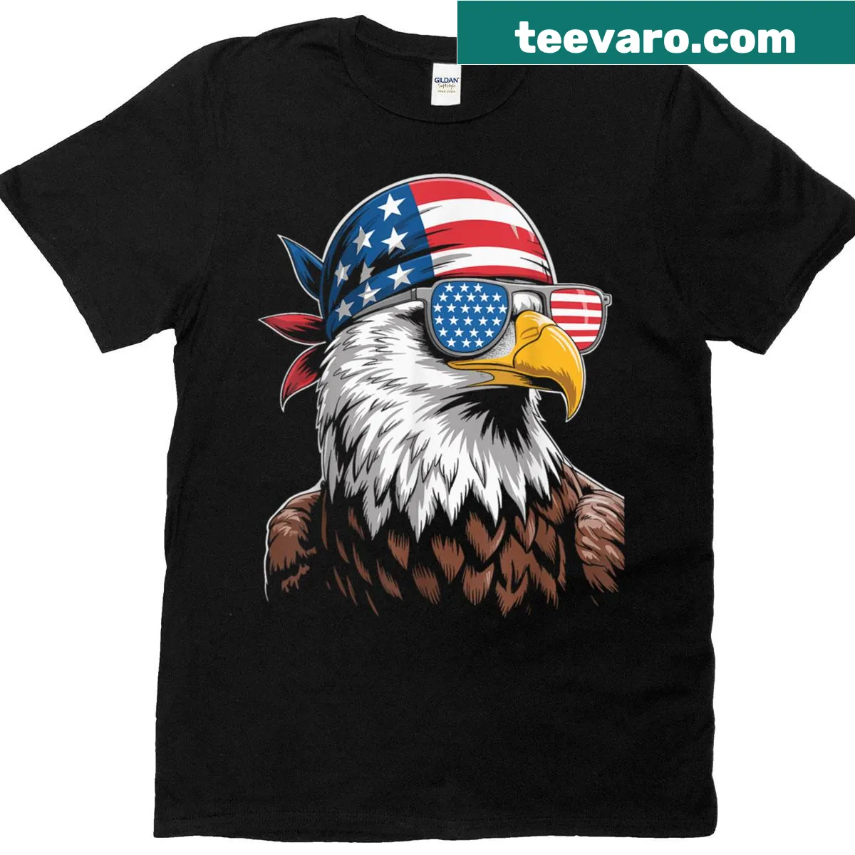 Patriotic T-shirt with eagle wearing sunglasses and bandana graphic — on a men's t-shirt