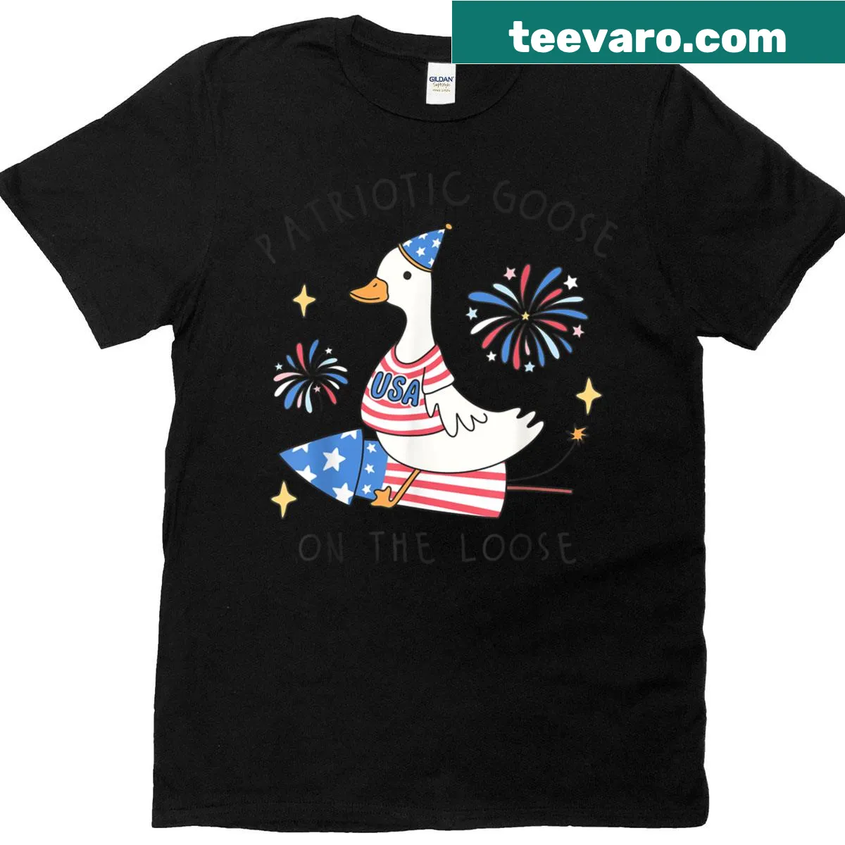 Funny T-shirt featuring a silly goose for Fourth of July — on a men's t-shirt