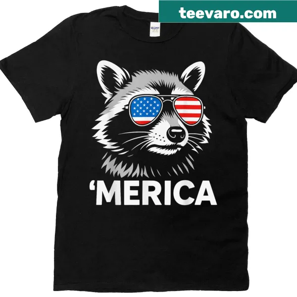 Funny T-shirt featuring a raccoon in sunglasses with an American flag