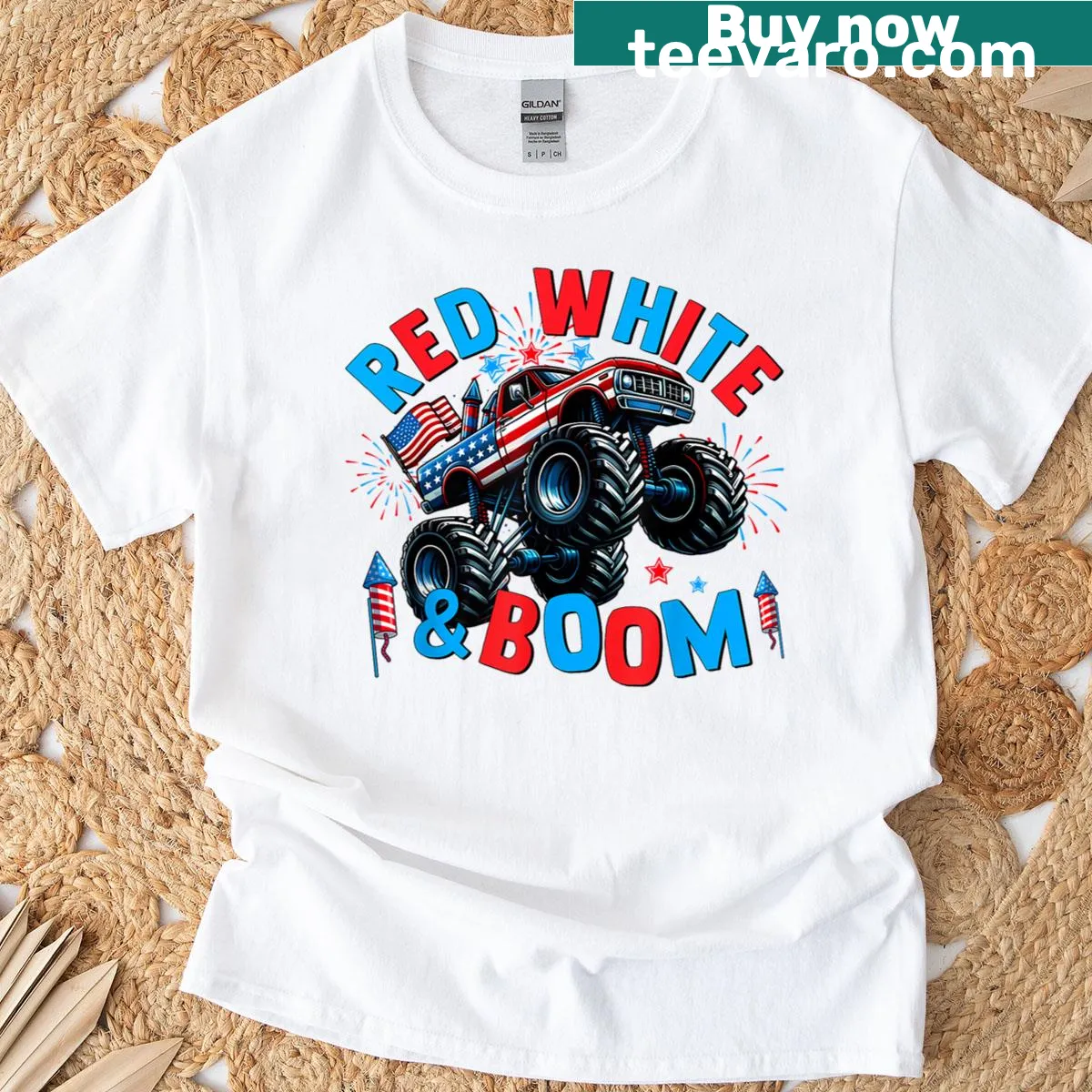 Monster truck T-shirt with patriotic design for July 4th — on a men's t-shirt
