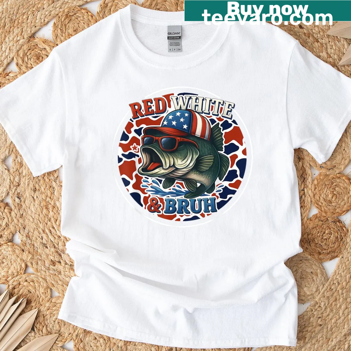 Patriotic fishing t-shirt with fish graphic and 'Bruh' text — on a men's t-shirt