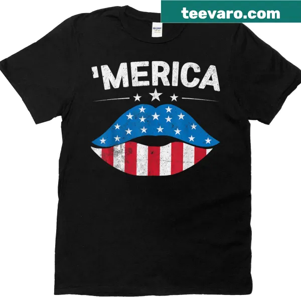 T-shirt featuring lips designed with the American flag for 4th of July.