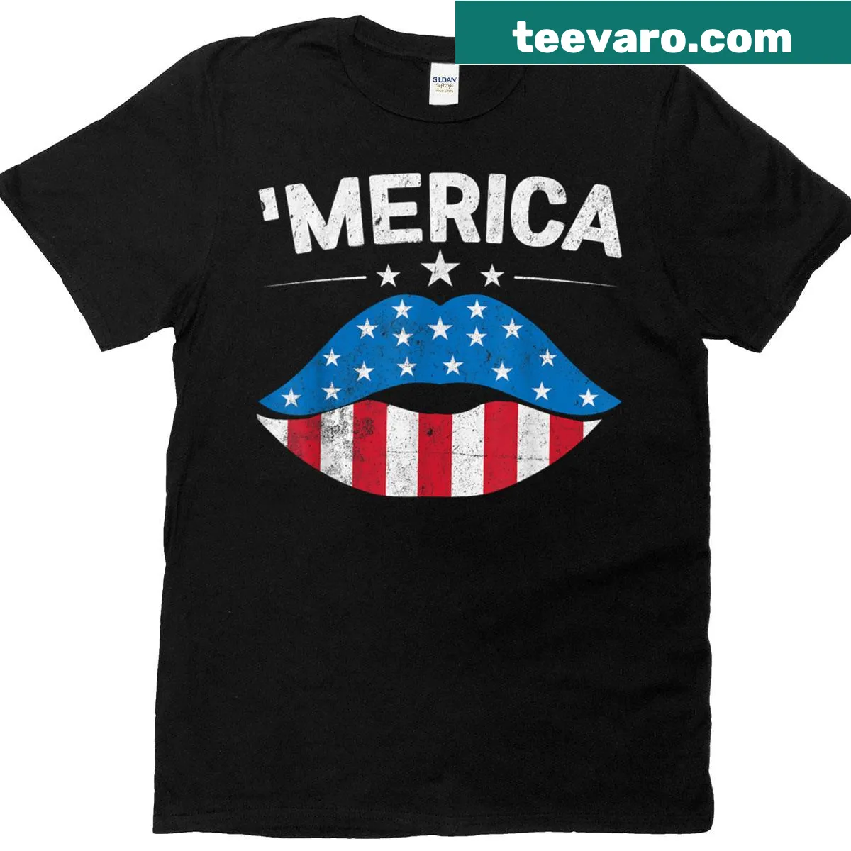 T-shirt featuring lips designed with the American flag for 4th of July. — on a men's t-shirt