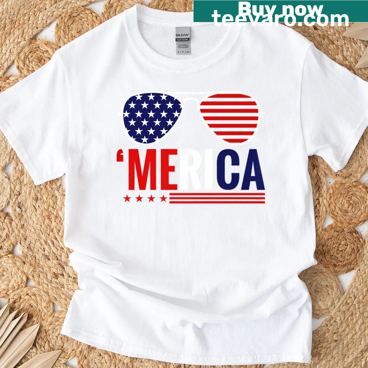 Sunglasses with American flag design T-shirt for July 4th — on a men's t-shirt