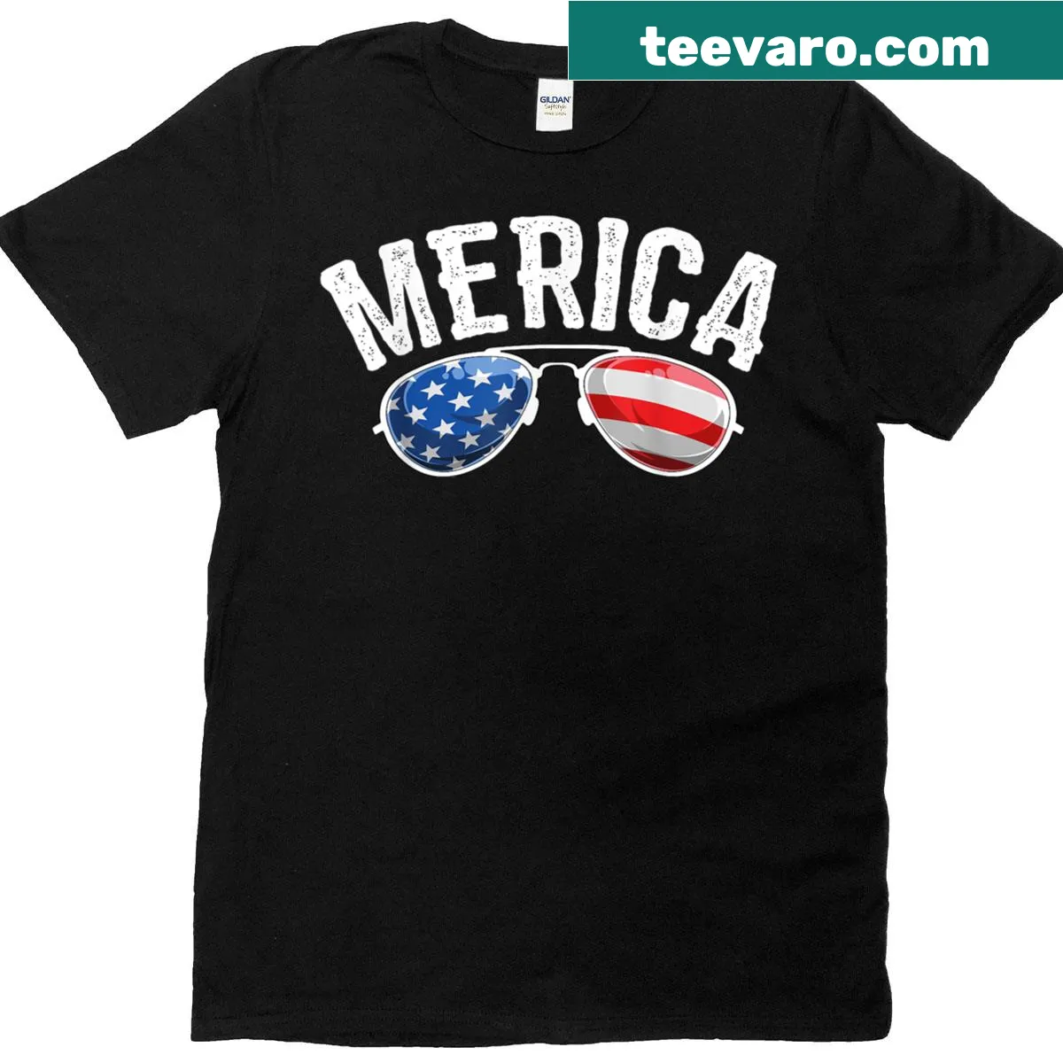 Sunglasses design with American flag for July 4th celebration — on a men's t-shirt