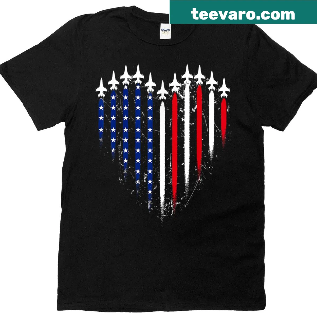 Heart-shaped American flag with fighter jets graphic on T-shirt — on a men's t-shirt