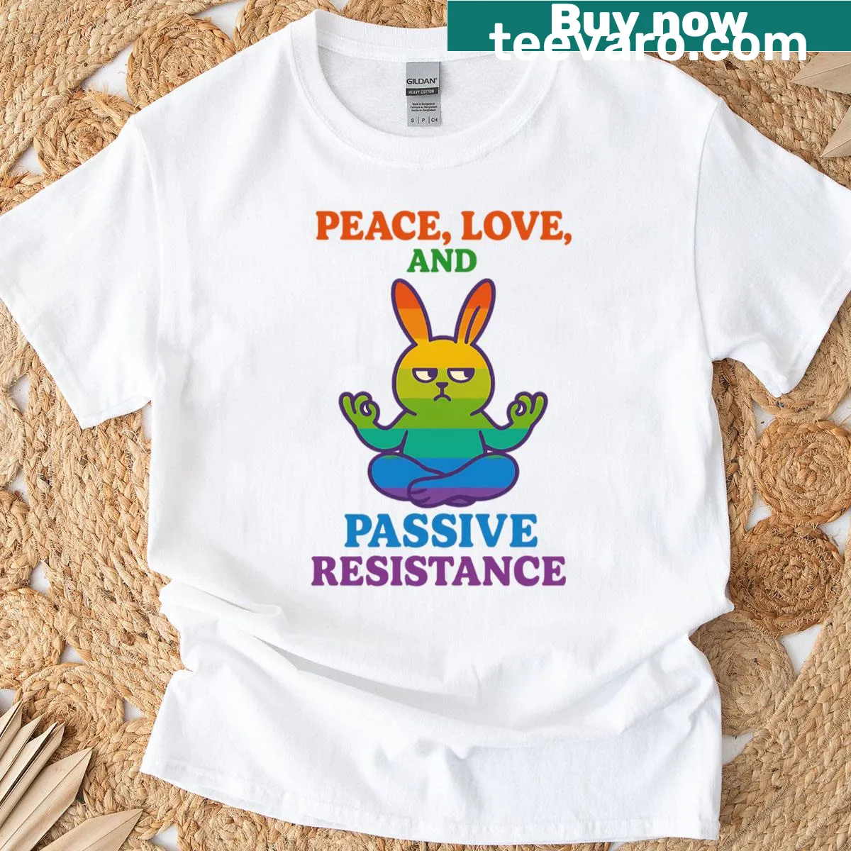 T-shirt featuring inspiring message: 'Peace Love And Passive Resistance' — on a men's t-shirt