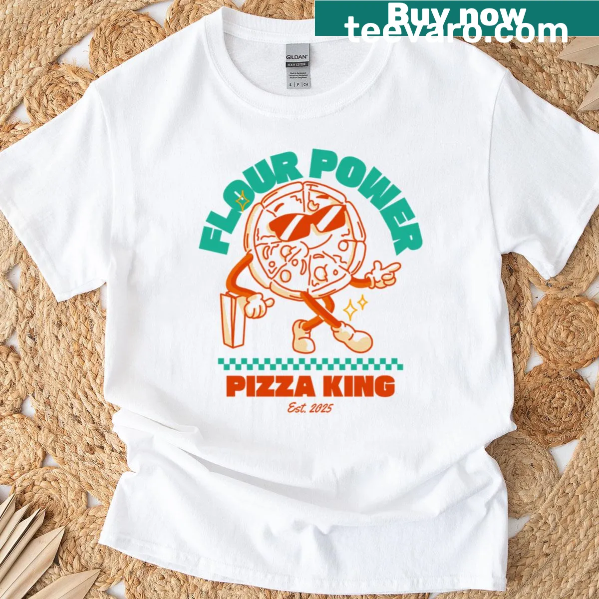 Pizza King t-shirt with Flower Power Makes Best Pizza text — on a men's t-shirt