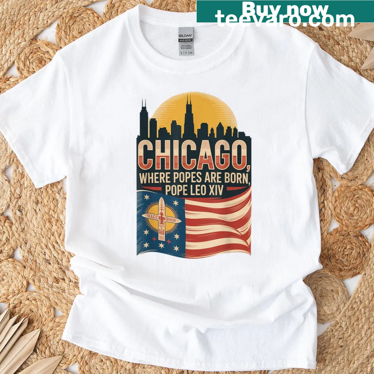 Illustrated T-shirt featuring Pope Leo celebrating the first American Pope — on a men's t-shirt