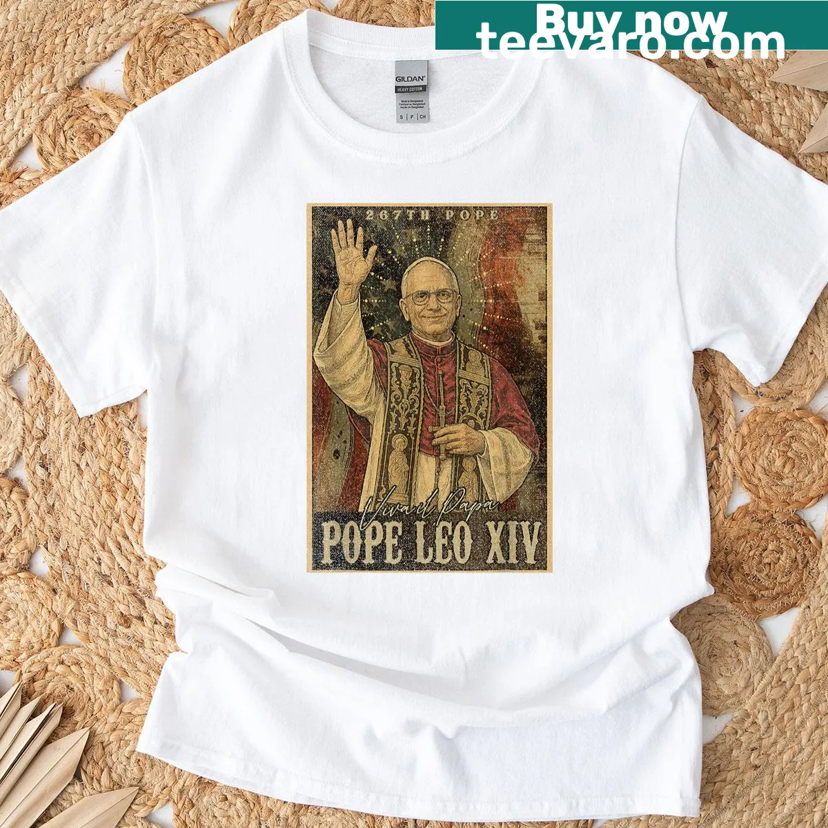 Vintage t-shirt featuring Pope Leo XIV and USA flag elements — on a men's t-shirt