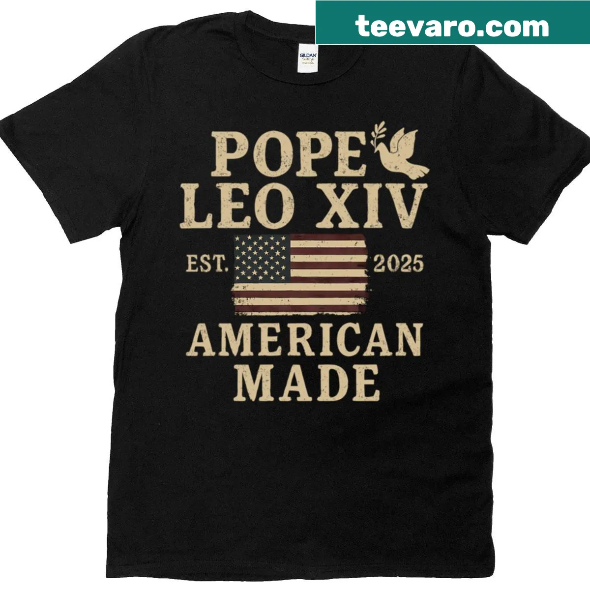 American made t-shirt featuring Pope Leo XIV design — on a men's t-shirt