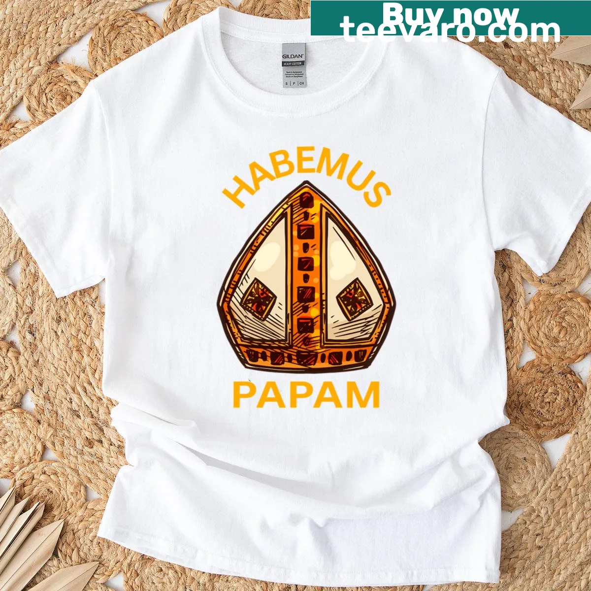 Illustrated Pope Leo XIV design with 'Habemus Papam' text. — on a men's t-shirt