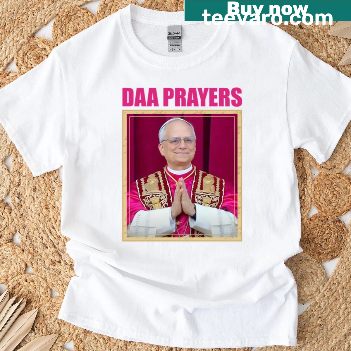 Graphic of Pope Leo XIV with a prayer theme. — on a men's t-shirt