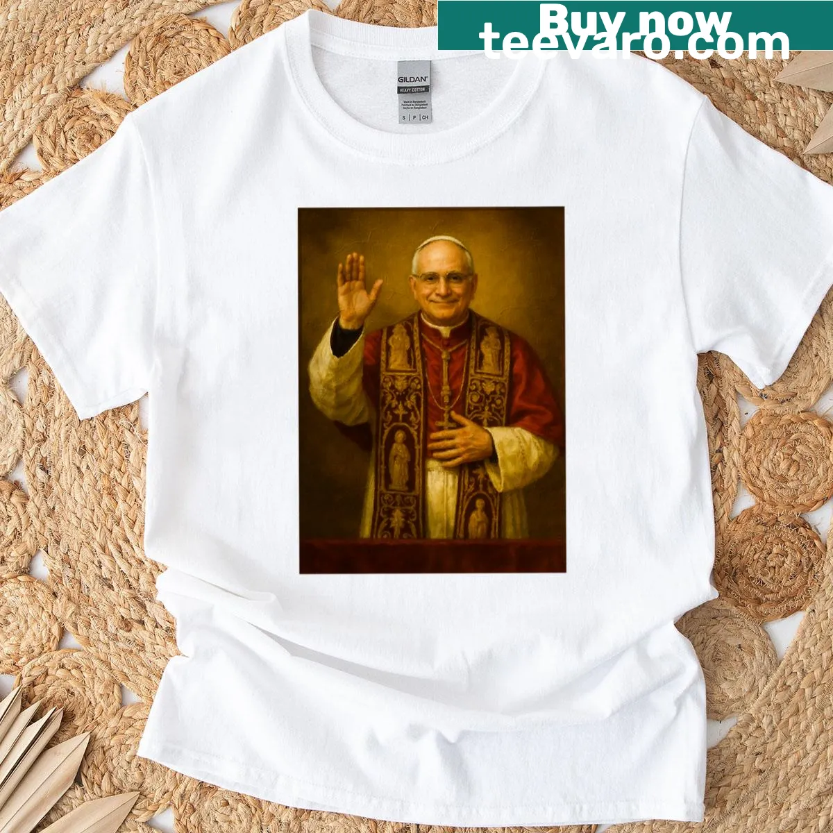 Retro art design of Pope Leo XIV on a T-shirt. — on a men's t-shirt