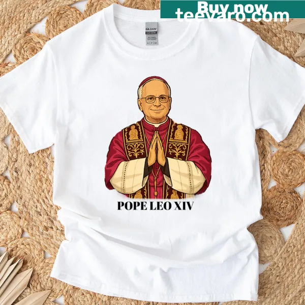 Stylized graphic of Pope Leo XIV on a T-shirt