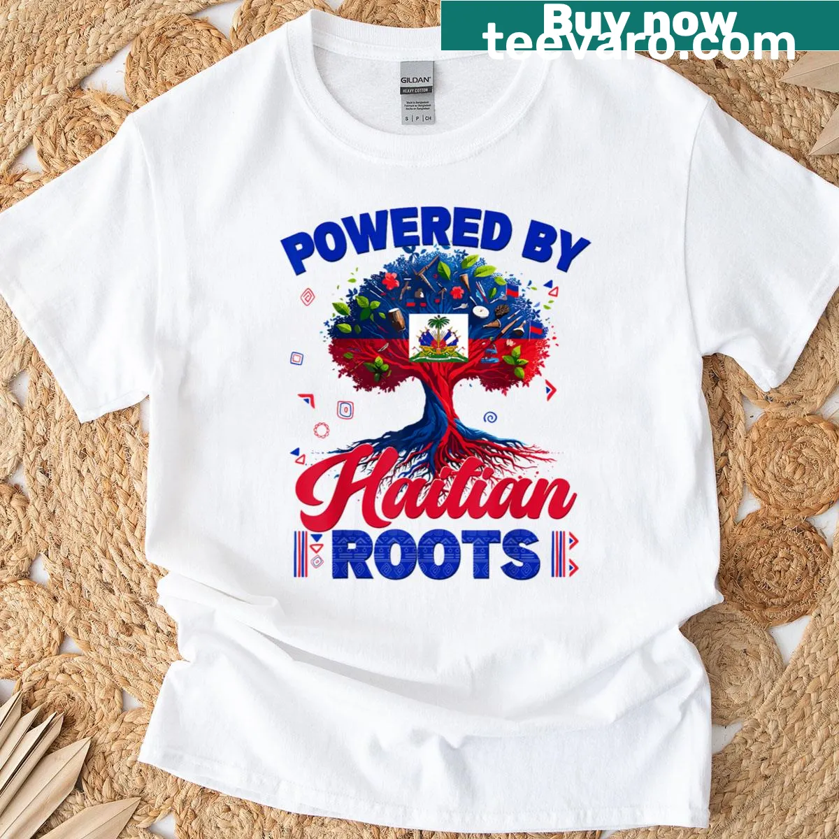 Haitian Roots T-shirt featuring a tree and flag design — on a men's t-shirt