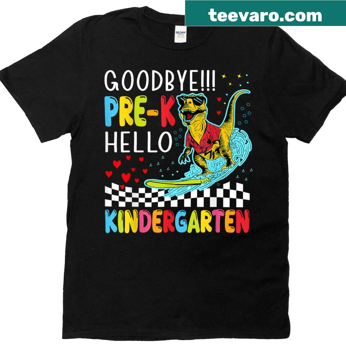 Cartoon dinosaur driving a monster truck graphic on a kids' T-shirt — on a men's t-shirt