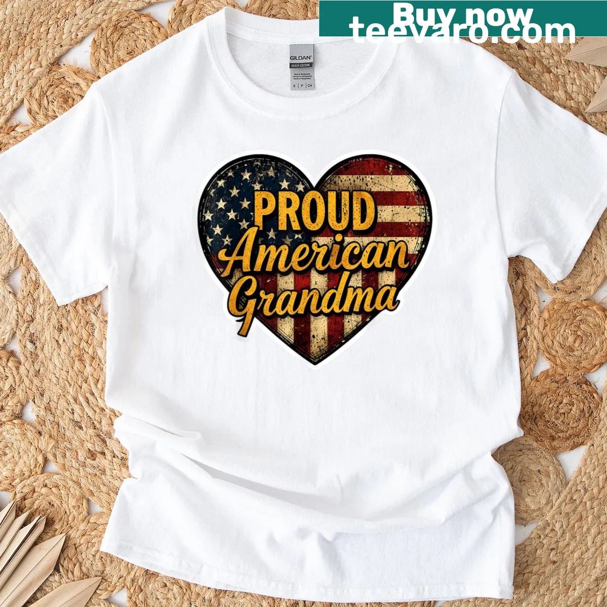 Vintage-style t-shirt with American flag and 'Proud American Grandma' text — on a men's t-shirt