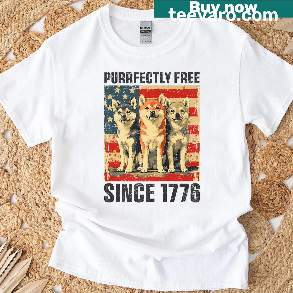 Illustration of a Shiba Inu with USA flag design on a T-shirt. — on a men's t-shirt