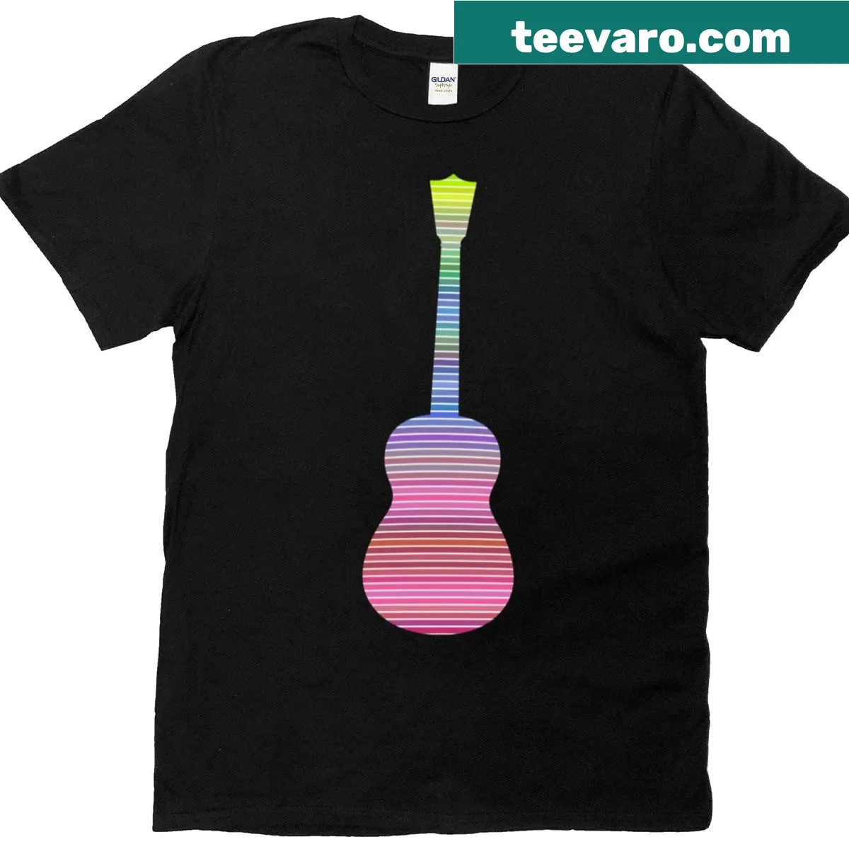 Playful t-shirt with a colorful ukulele and rainbow design. — on a men's t-shirt