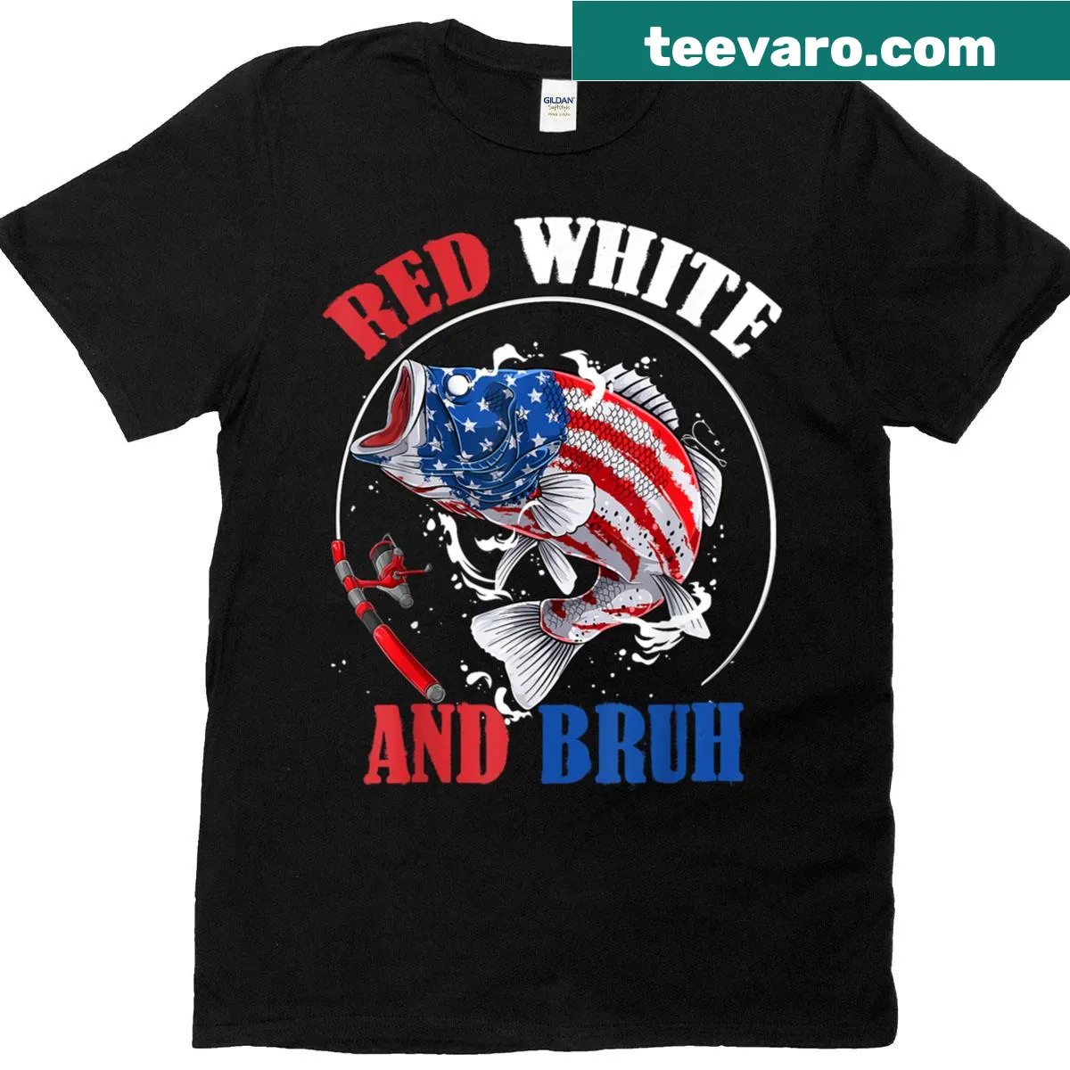 Cartoonish t-shirt with a fishing theme in patriotic colors for boys. — on a men's t-shirt