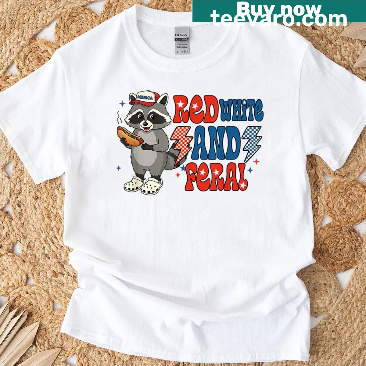 Funny raccoon graphic t-shirt for 4th Of July with humorous text — on a men's t-shirt