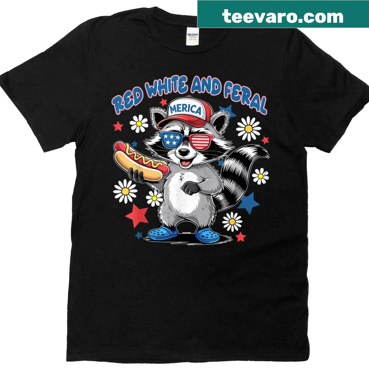 Cartoon raccoon with a hot dog on a July 4th T-shirt — on a men's t-shirt