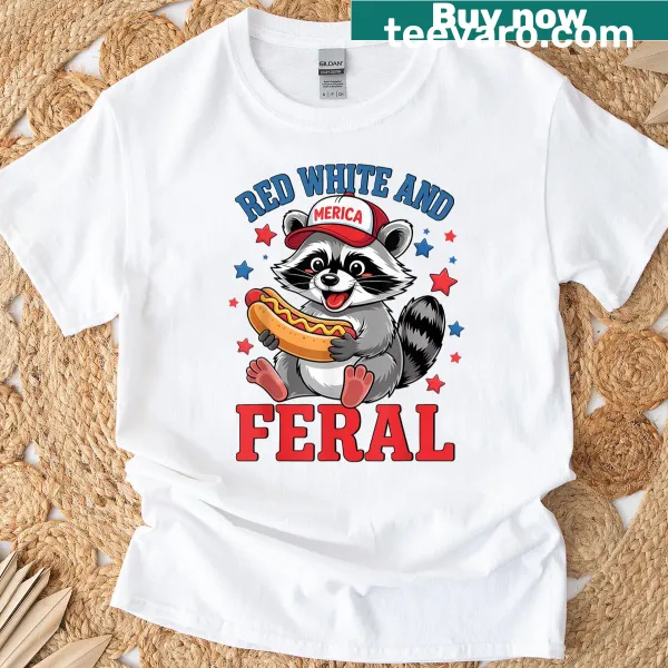 Funny raccoon graphic for kids with 'Red White And Feral' text