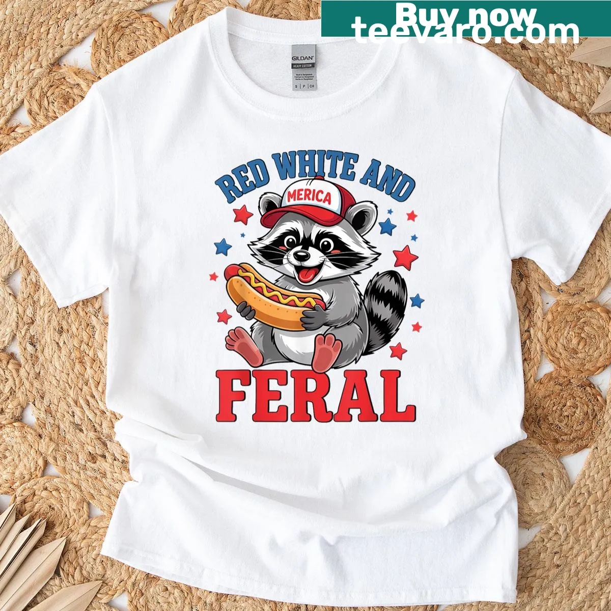 Funny raccoon graphic for kids with 'Red White And Feral' text — on a men's t-shirt