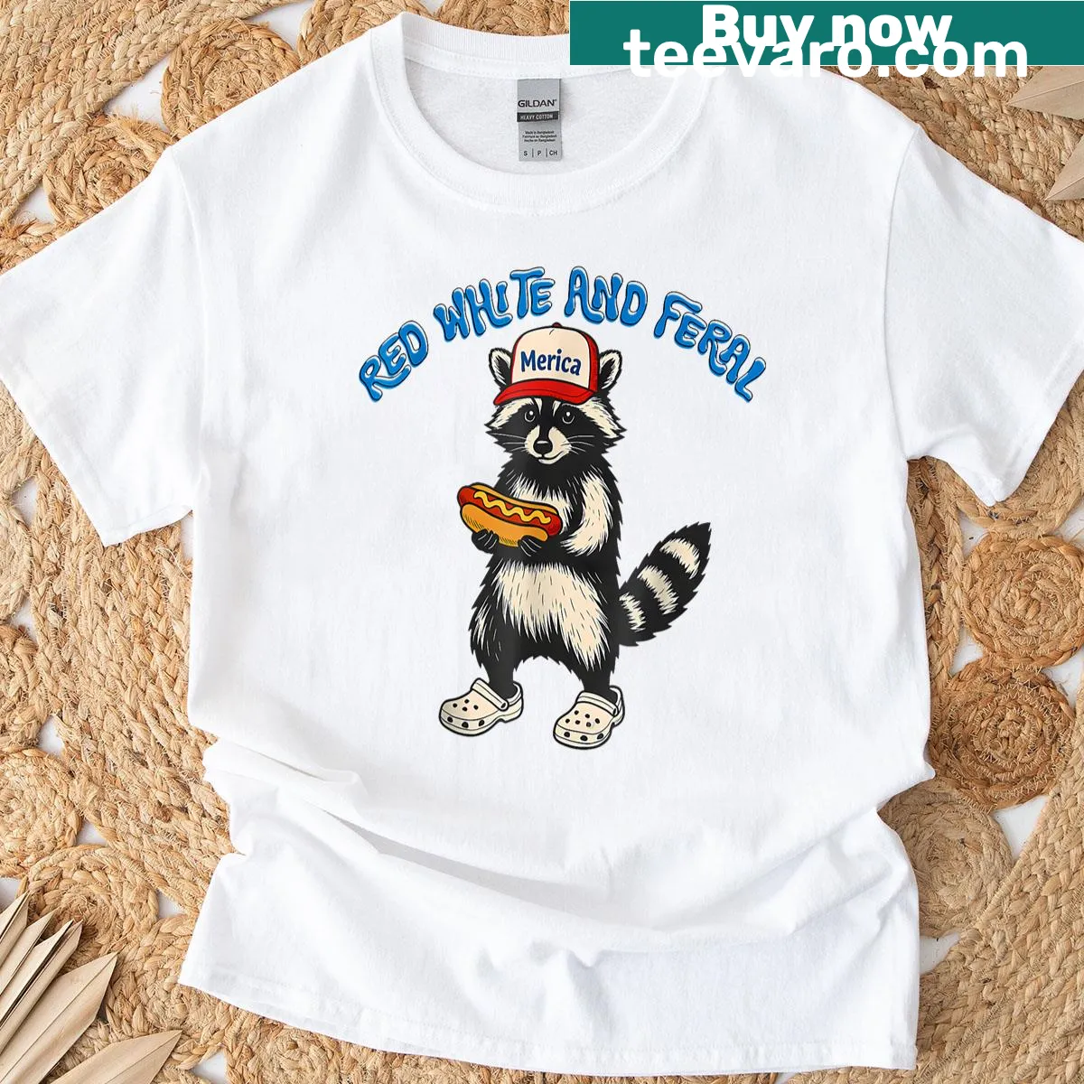 Cartoon raccoon in a patriotic design for the Fourth of July — on a men's t-shirt