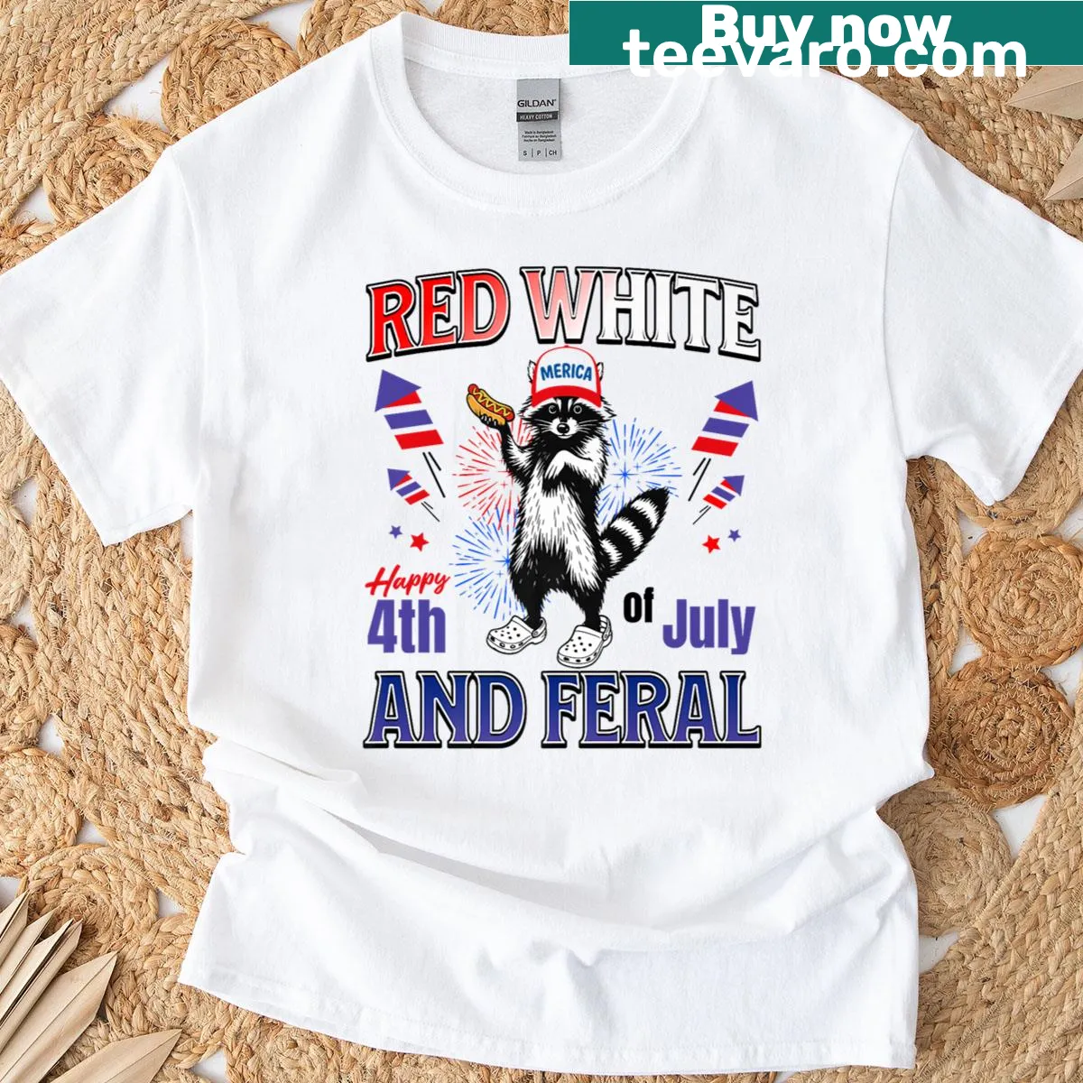 Funny raccoon design for the Fourth of July with patriotic elements — on a men's t-shirt
