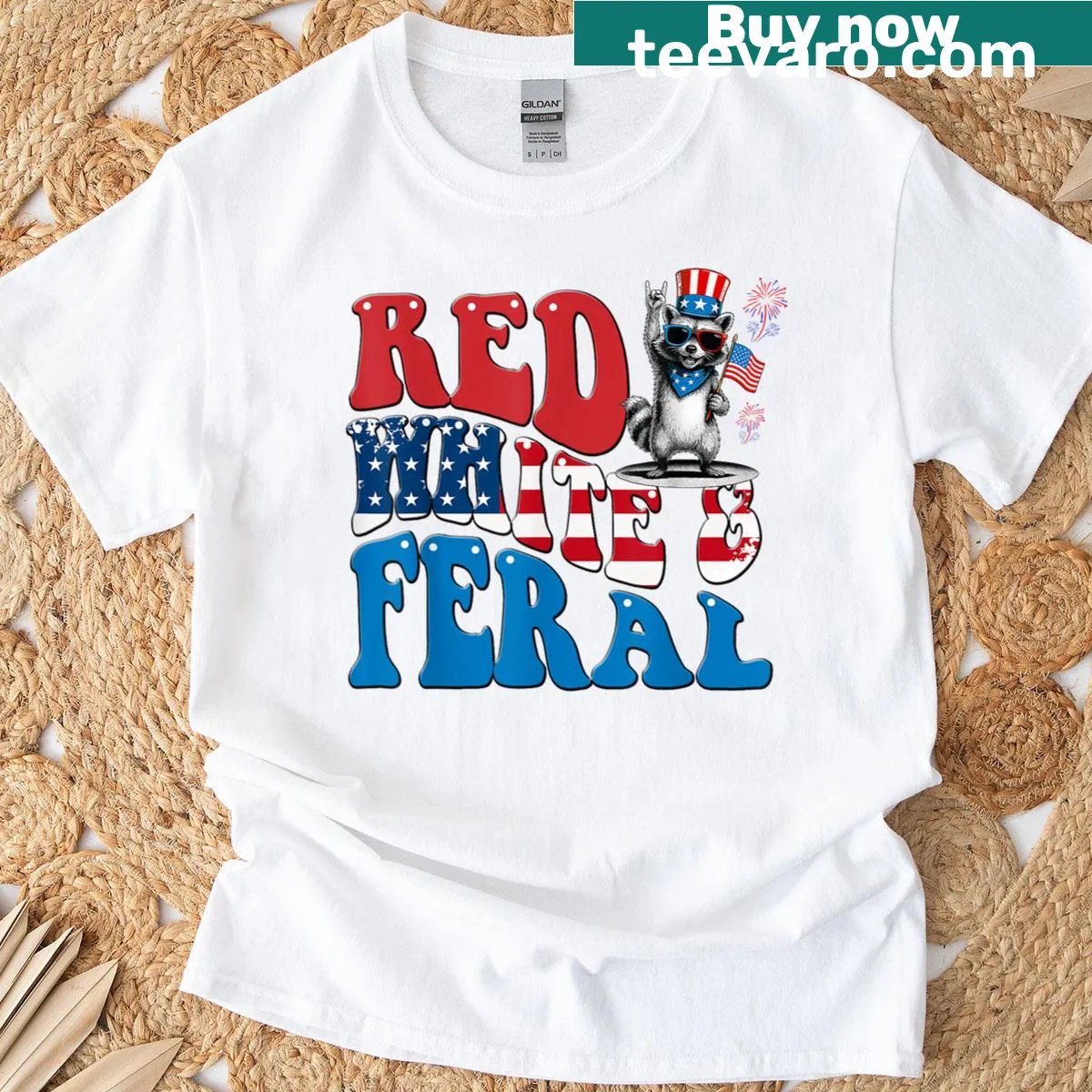Funny raccoon graphic on a patriotic t-shirt for kids. — on a men's t-shirt