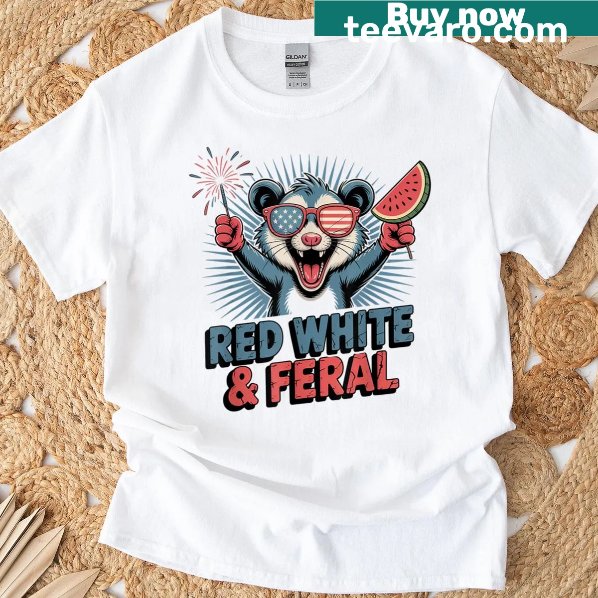 Opossum graphic celebrating the 4th of July with fireworks. — on a men's t-shirt