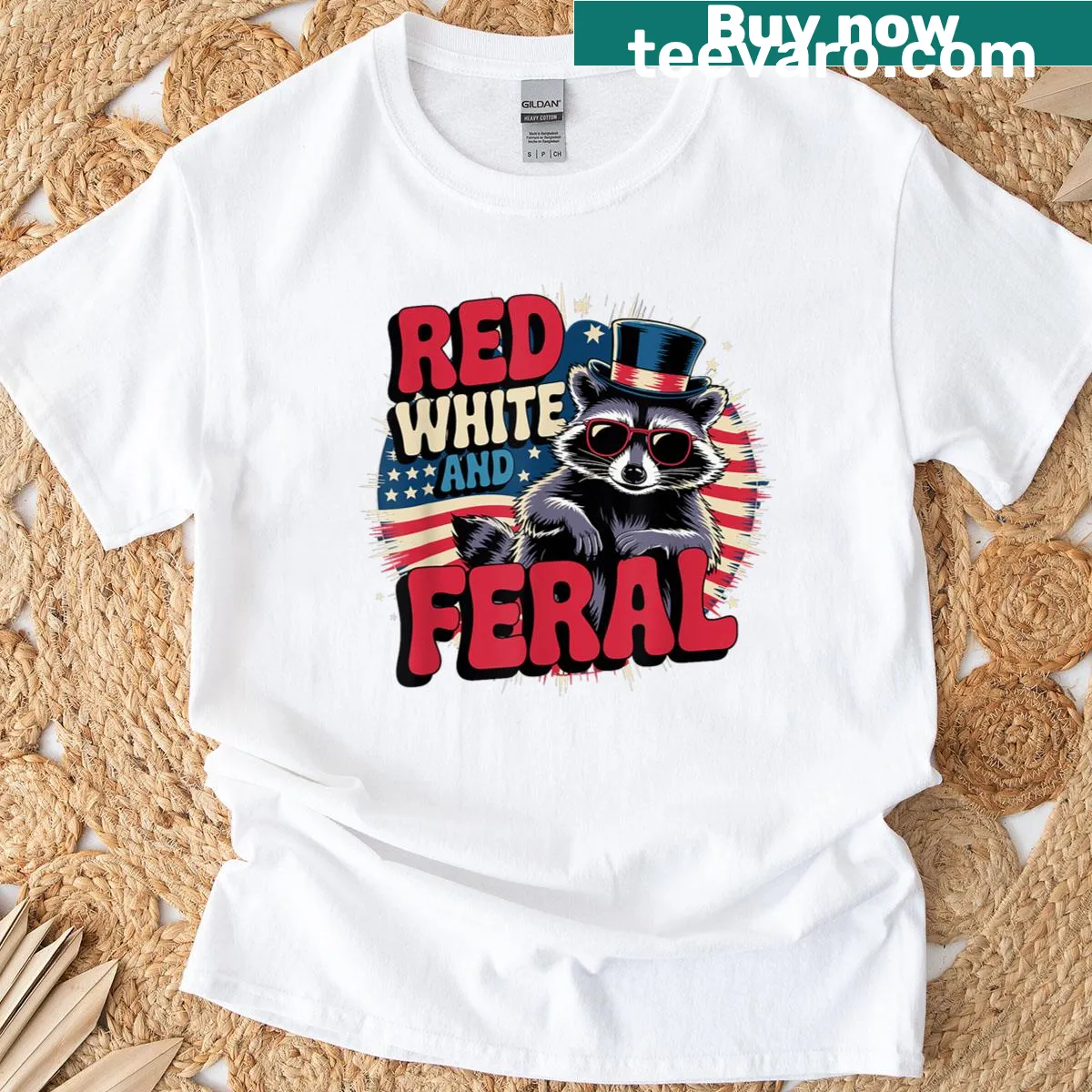 Patriotic raccoon graphic t-shirt for the 4th of July. — on a men's t-shirt