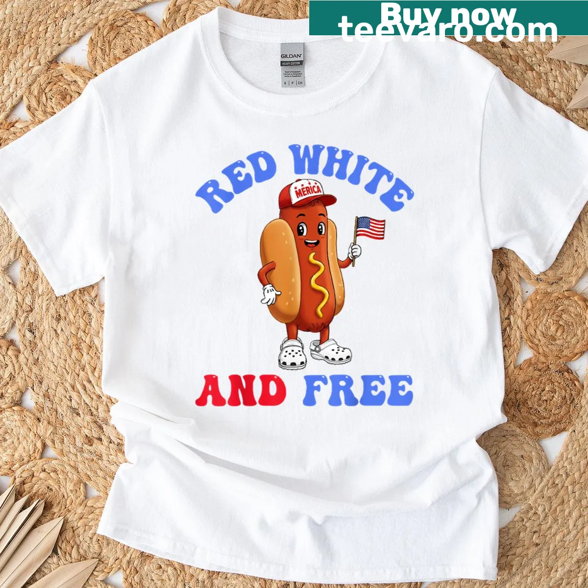 Patriotic hotdog graphic t-shirt with American flag design. — on a men's t-shirt