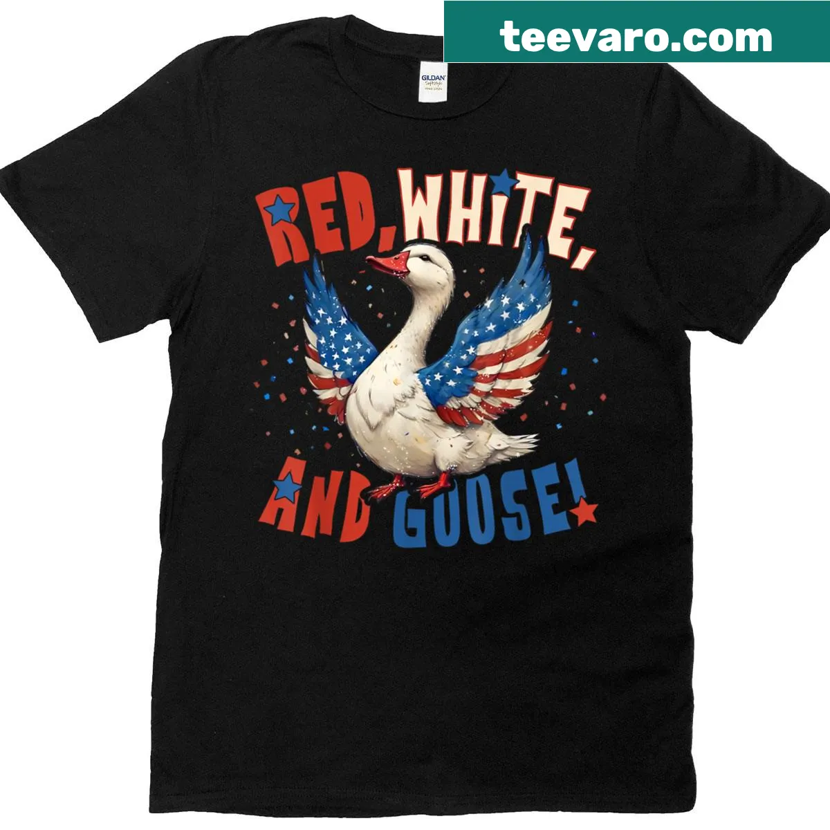 Funny T-shirt featuring a patriotic goose design for 4th of July. — on a men's t-shirt