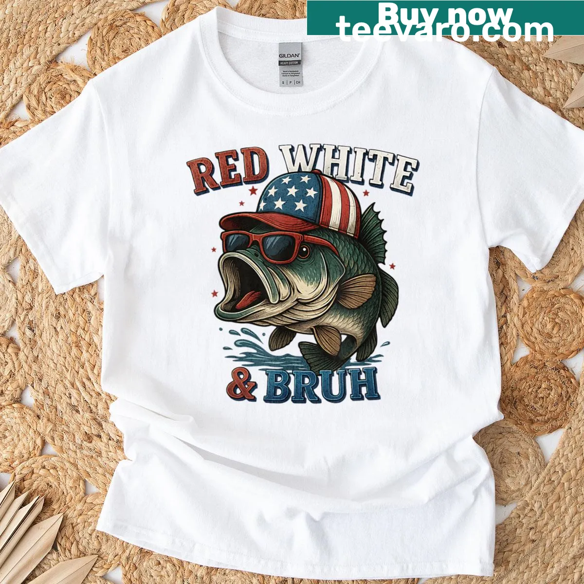 Funny fish design t-shirt in American flag colors — on a men's t-shirt