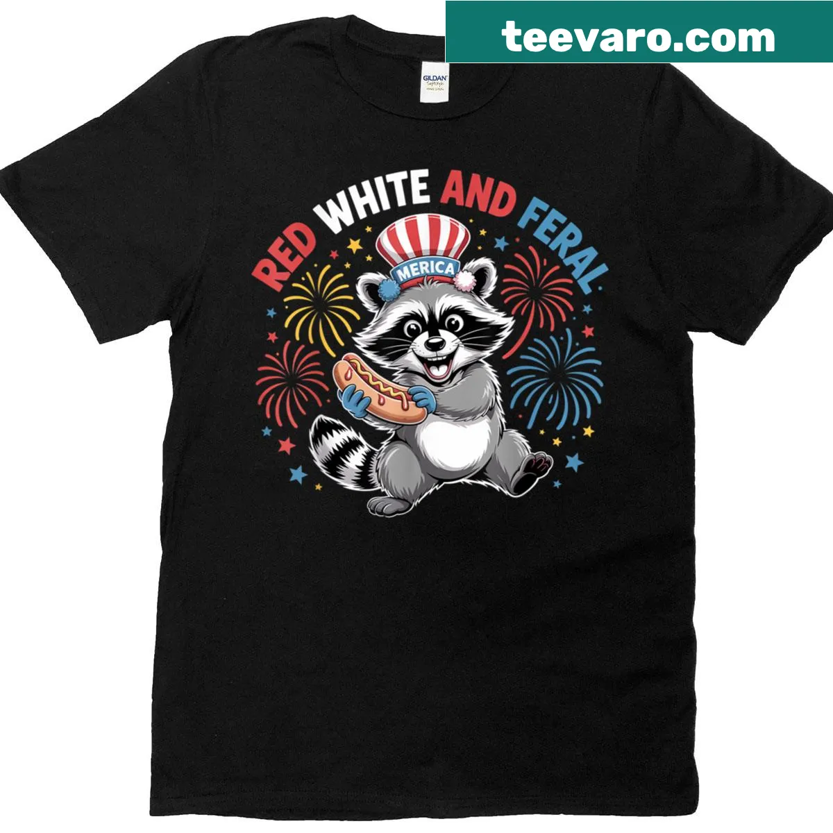 Cute raccoon graphic for July 4th T-shirt — on a men's t-shirt