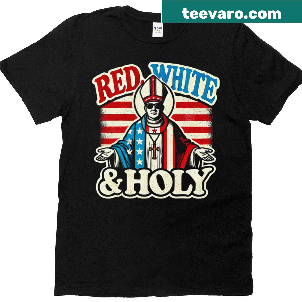 Pope Leo XIV design on a red and white T-shirt — on a men's t-shirt