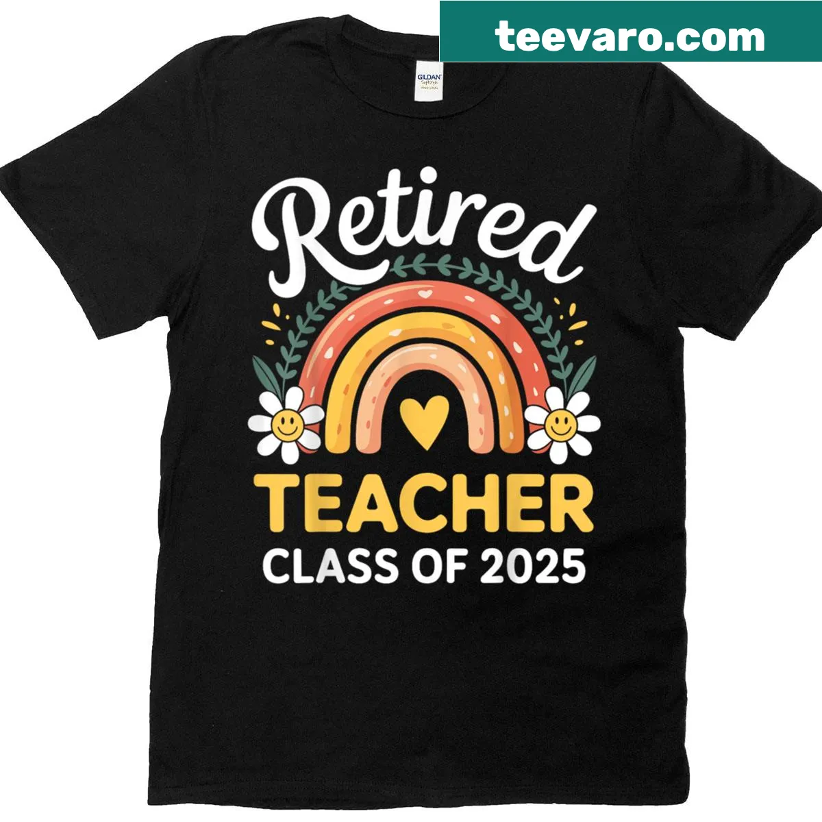 Retired teacher t-shirt with rainbow and 'Class Of 2025' text — on a men's t-shirt