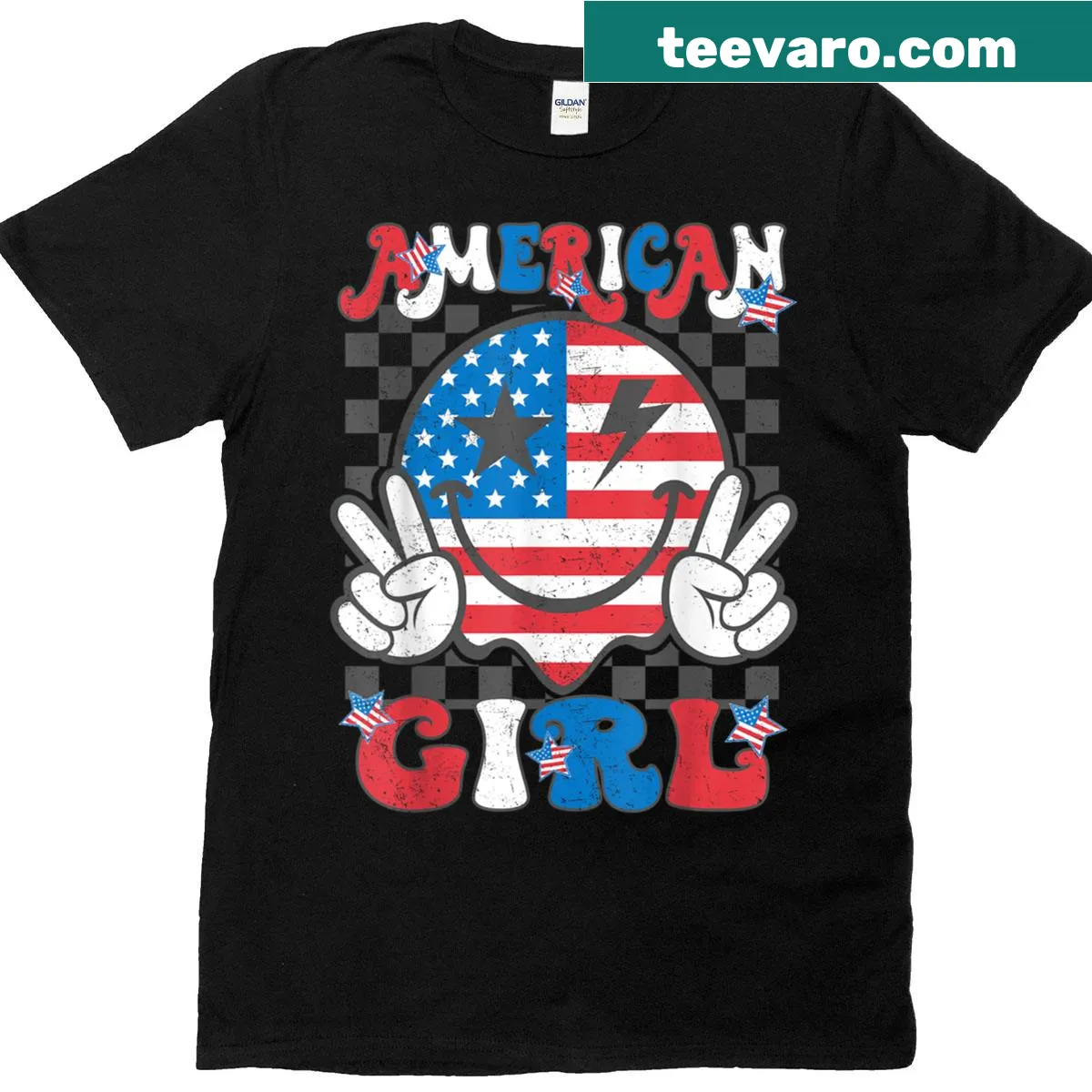 Retro checkered smile graphic July 4th T-shirt — on a men's t-shirt