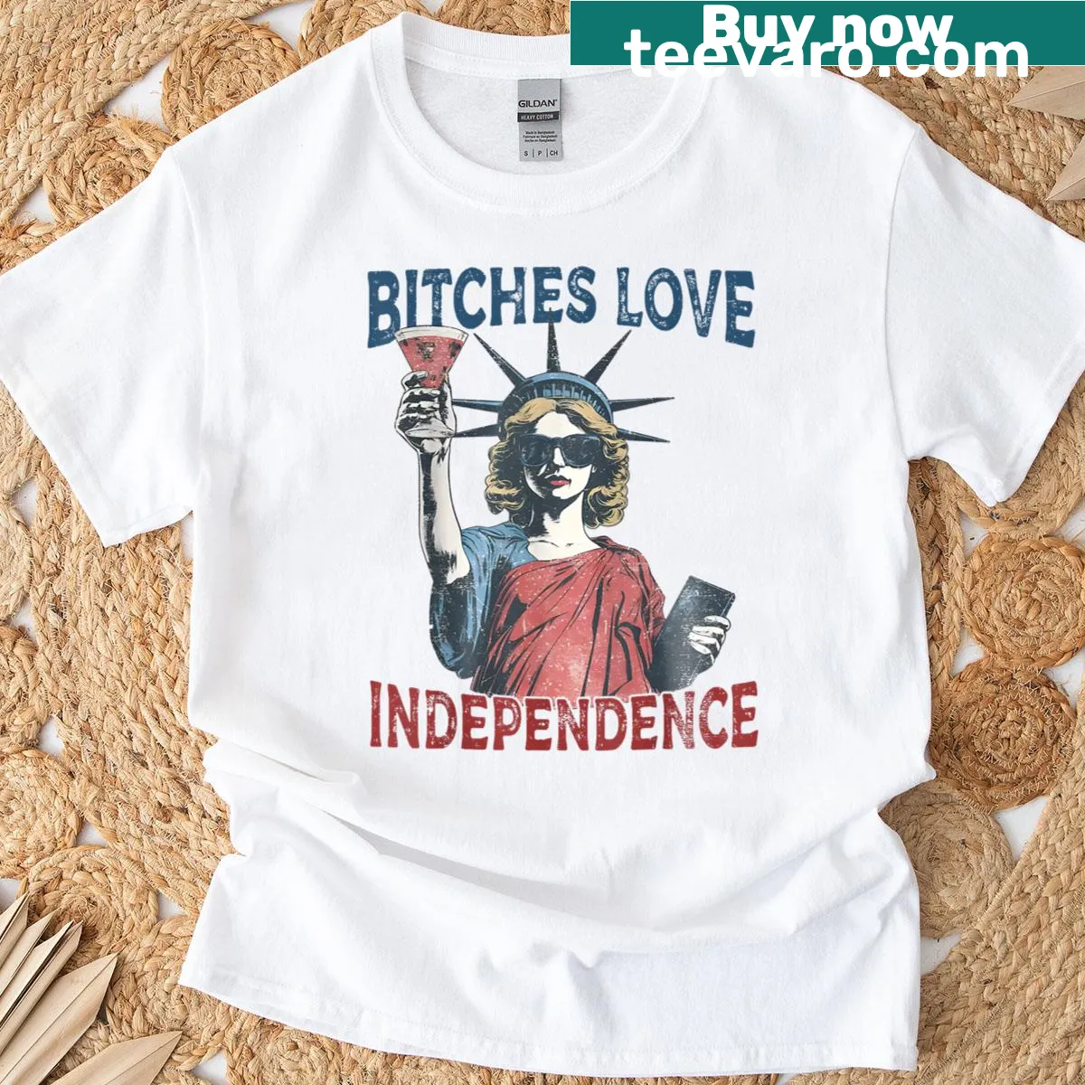 Funny retro 4th of July t-shirt with 'Bitches Love Independence' text — on a men's t-shirt