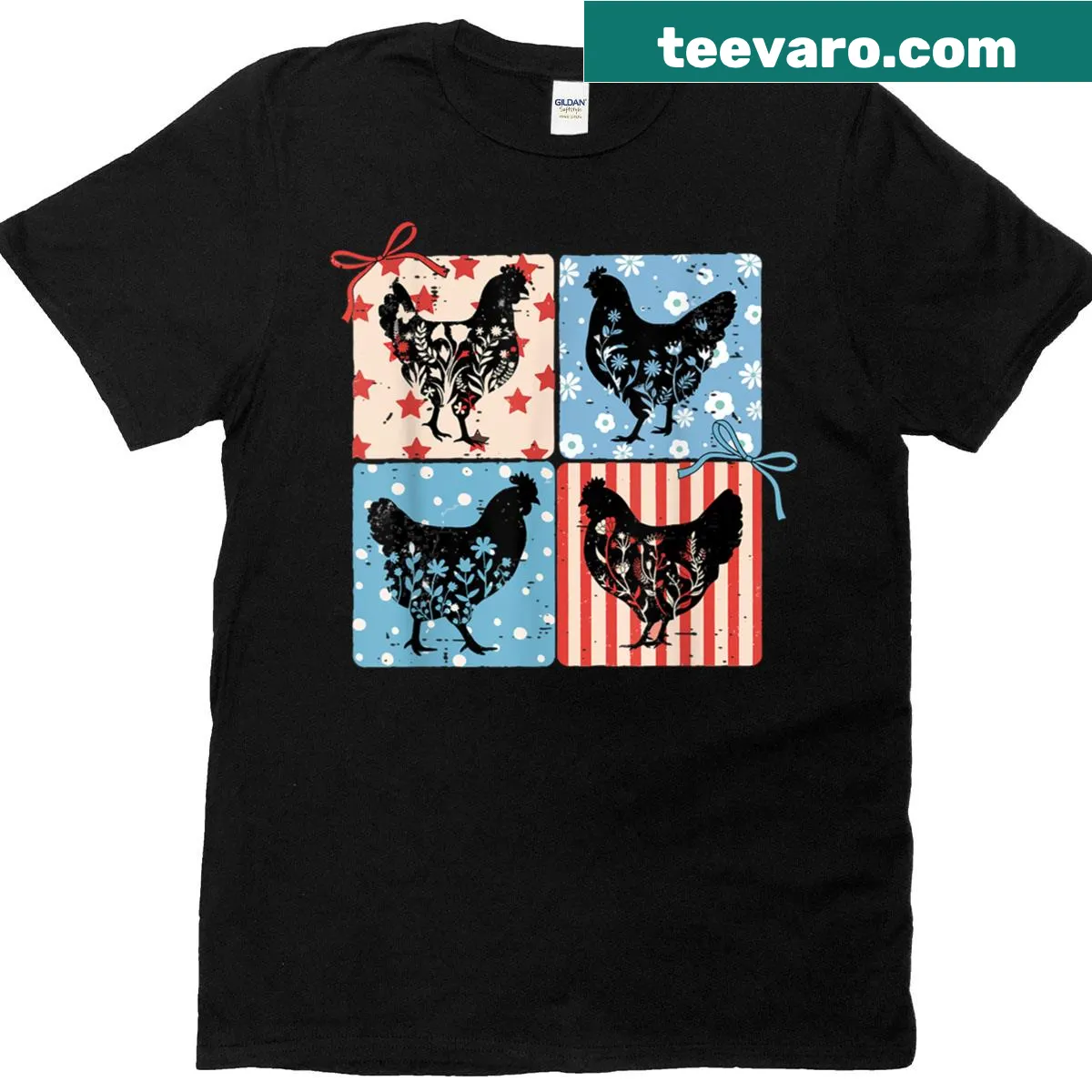 Floral chicken graphic on a vintage-style July 4th T-shirt — on a men's t-shirt