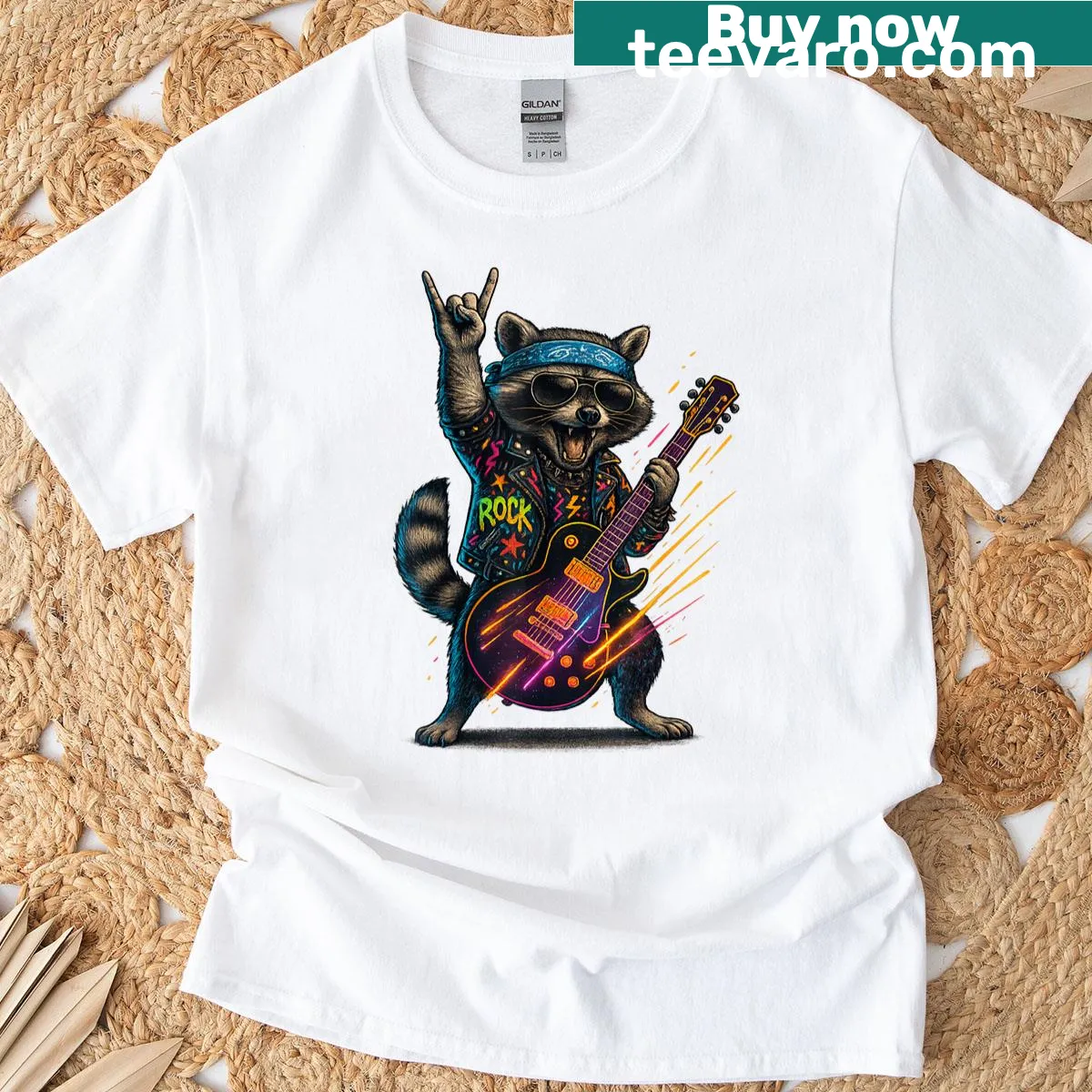 Funny retro t-shirt with a raccoon graphic and music theme — on a men's t-shirt