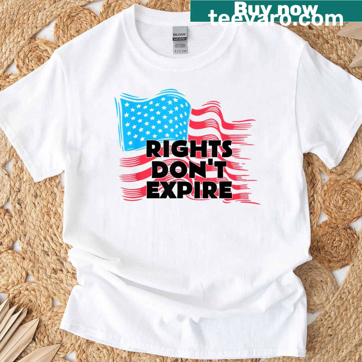 T-shirt with 'Rights Don't Expire' text and US flag graphic — on a men's t-shirt