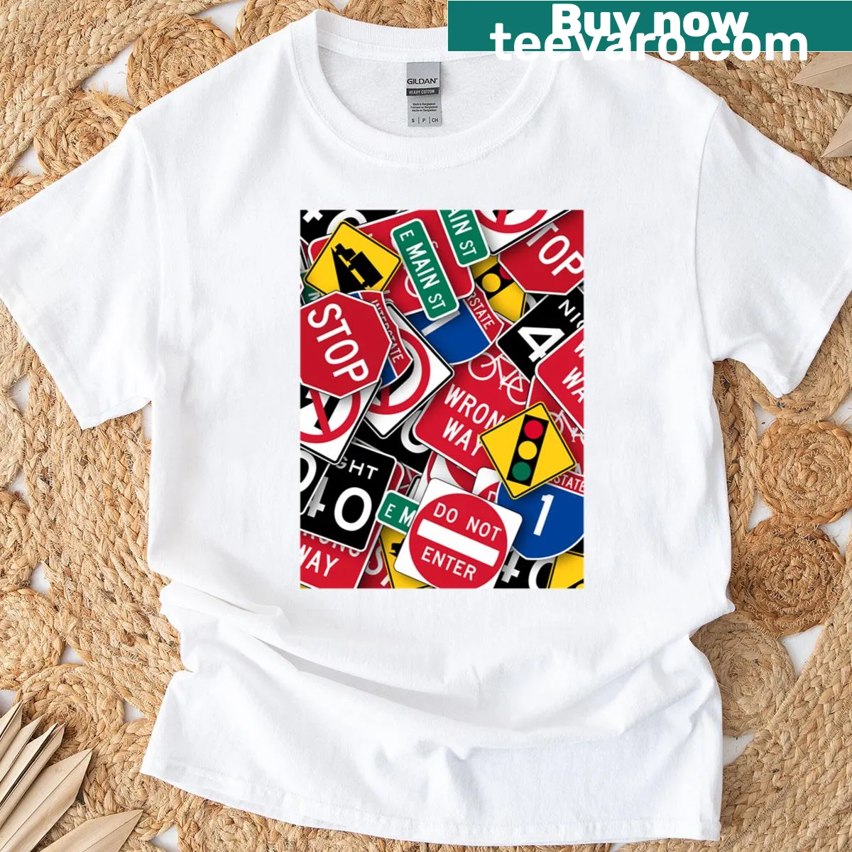 T-shirt featuring iconic American road signs — on a men's t-shirt